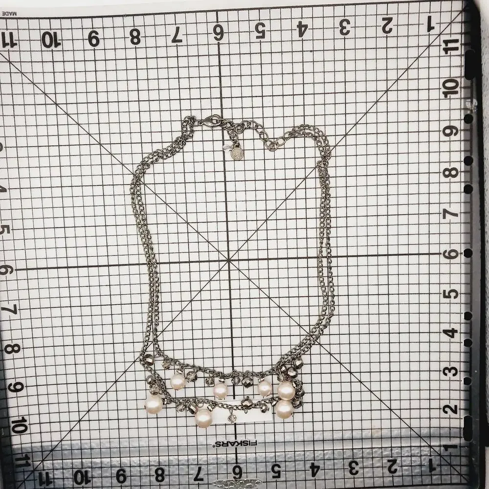 Necklace Chain Statement Faux Pearl Crystal Gunmetal Silver Tone Logo Charm 16